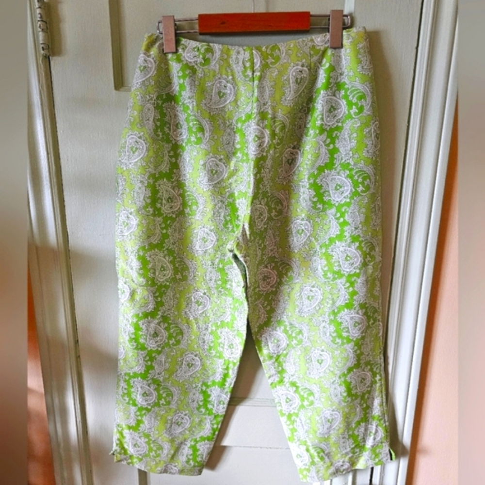 100% silk paisley print green white vintage capri pants 60s 70s hippie retro - Picture 8 of 11